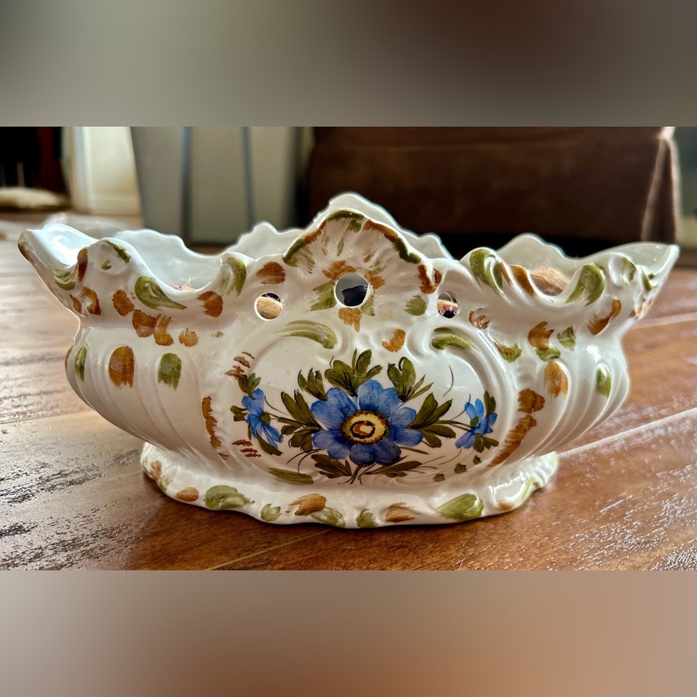 Antique Large Ornate Oval Bowl w/Scalloped Edge made in Italy Hand Painted
